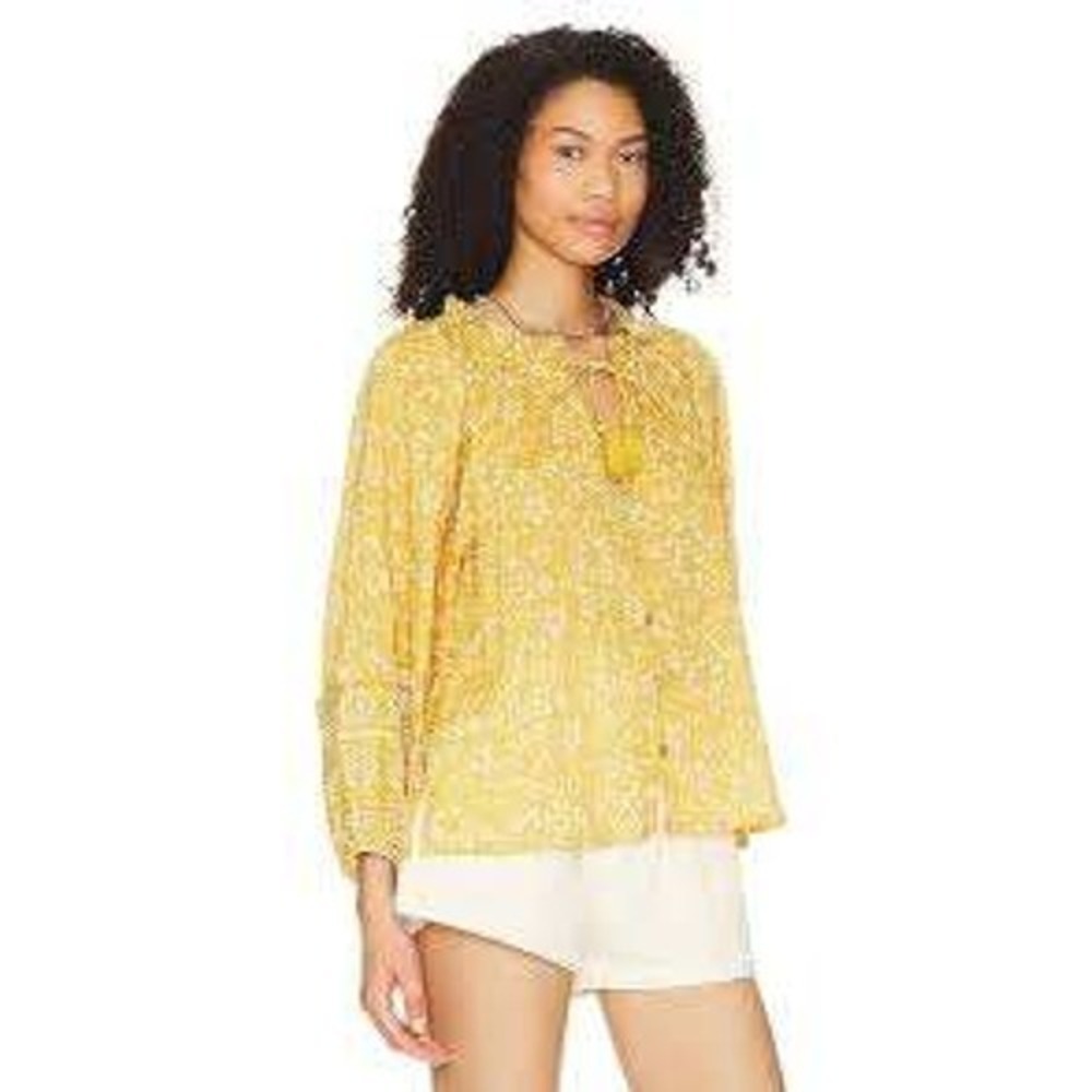 Cleobella Mustard Yellow Organic Cotton Batik Print Tassel Blouse Medium